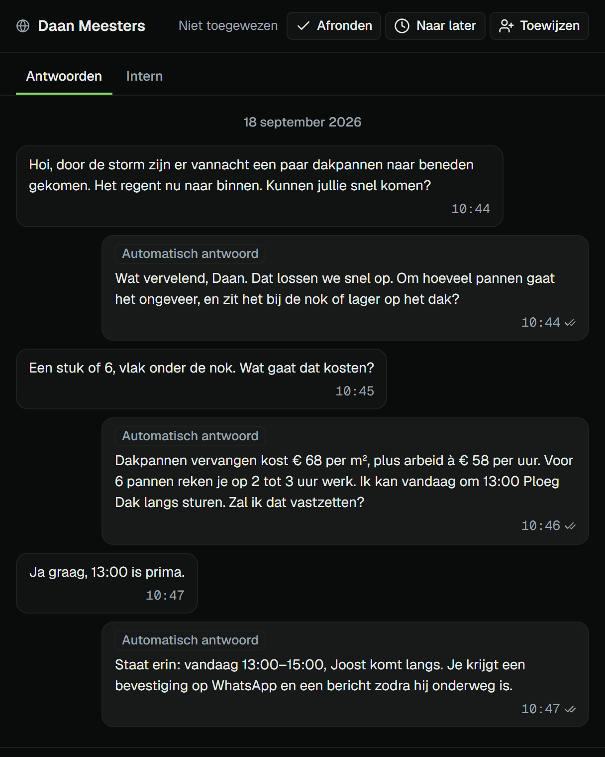 A real Cuna inbox thread: a customer reports storm damage, the AI replies within a minute, quotes from the price list and books a visit for 13:00 the same day. Each AI message is labelled as automated.