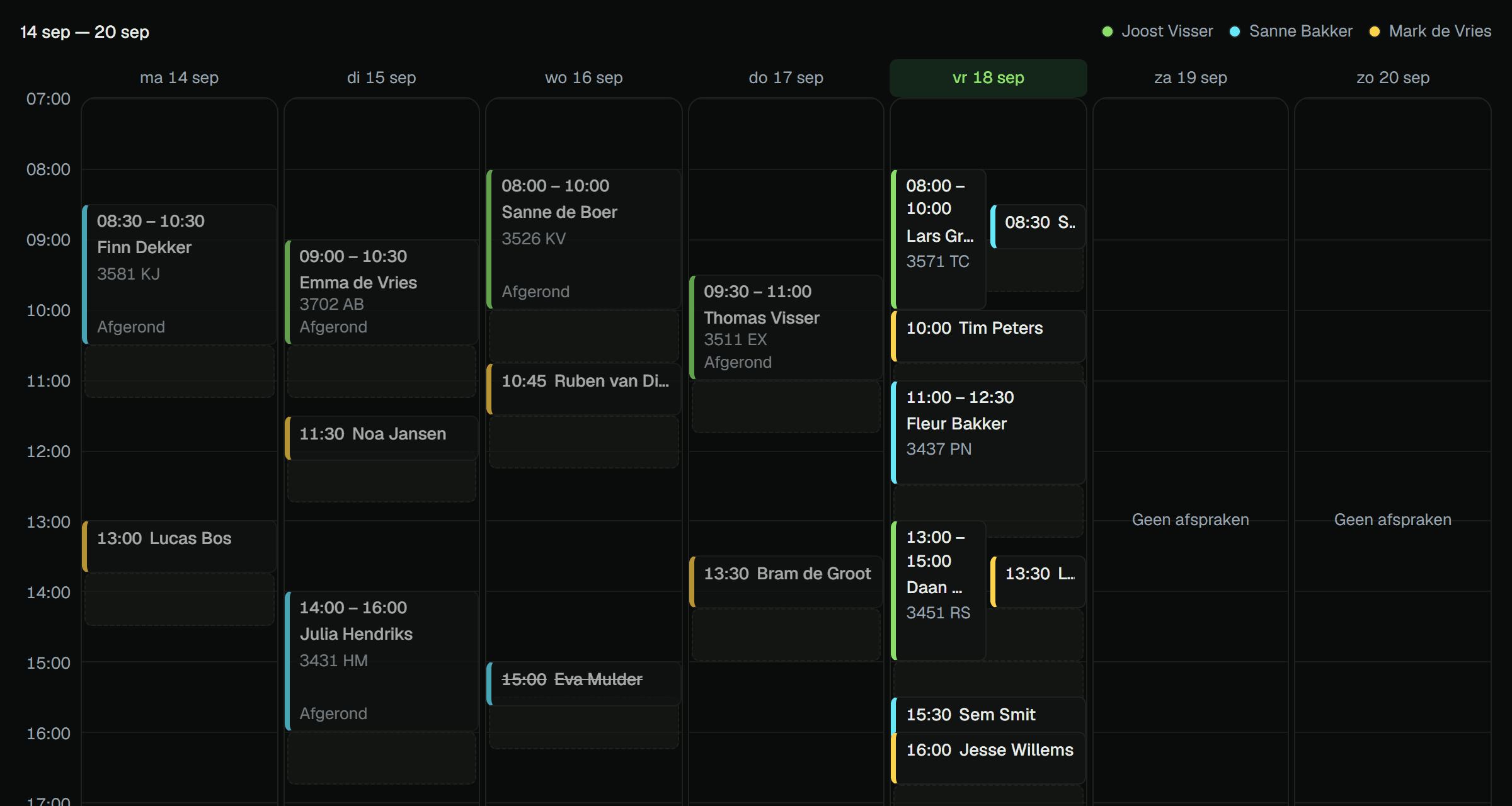 Cuna agenda week view: appointments per day, coloured per crew member, with completed visits marked